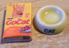 cat bowl and packet beige