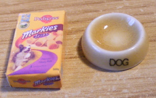 dog bowl and packet beige