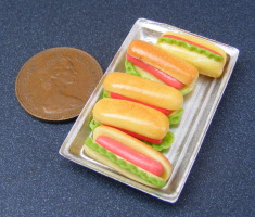 dolls house miniature a hot dogs on a tray l