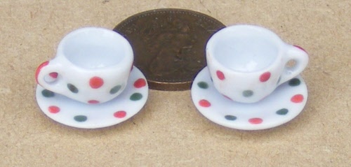 1:12 Scale 2 Ceramic Cup & Saucer Sets With Dotted Motif Tumdee Dolls House CS7 